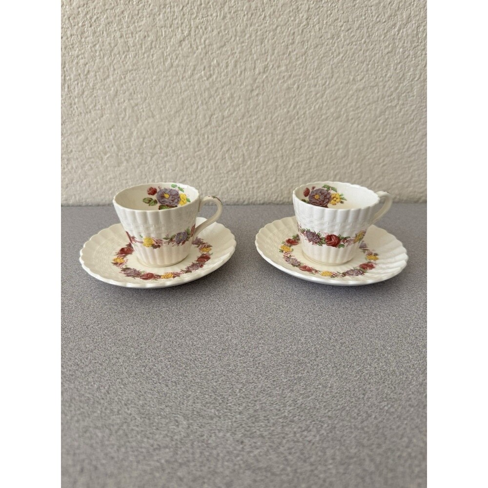 Vintage Spode Copeland Rose Briar 2 Cups & Saucers Set England Floral